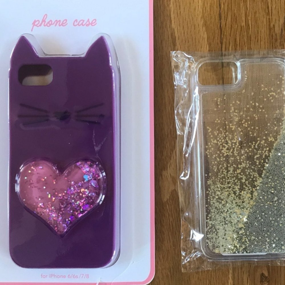 2 NEW iPhone 6 7 8 Cases Purple Cat Heart Glitter